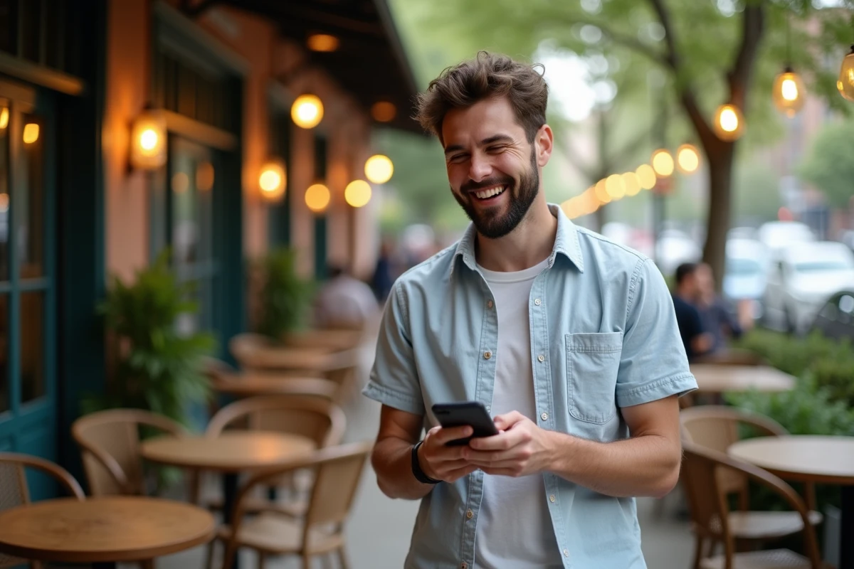 Jeune homme riant avec smartphone dans un café animé