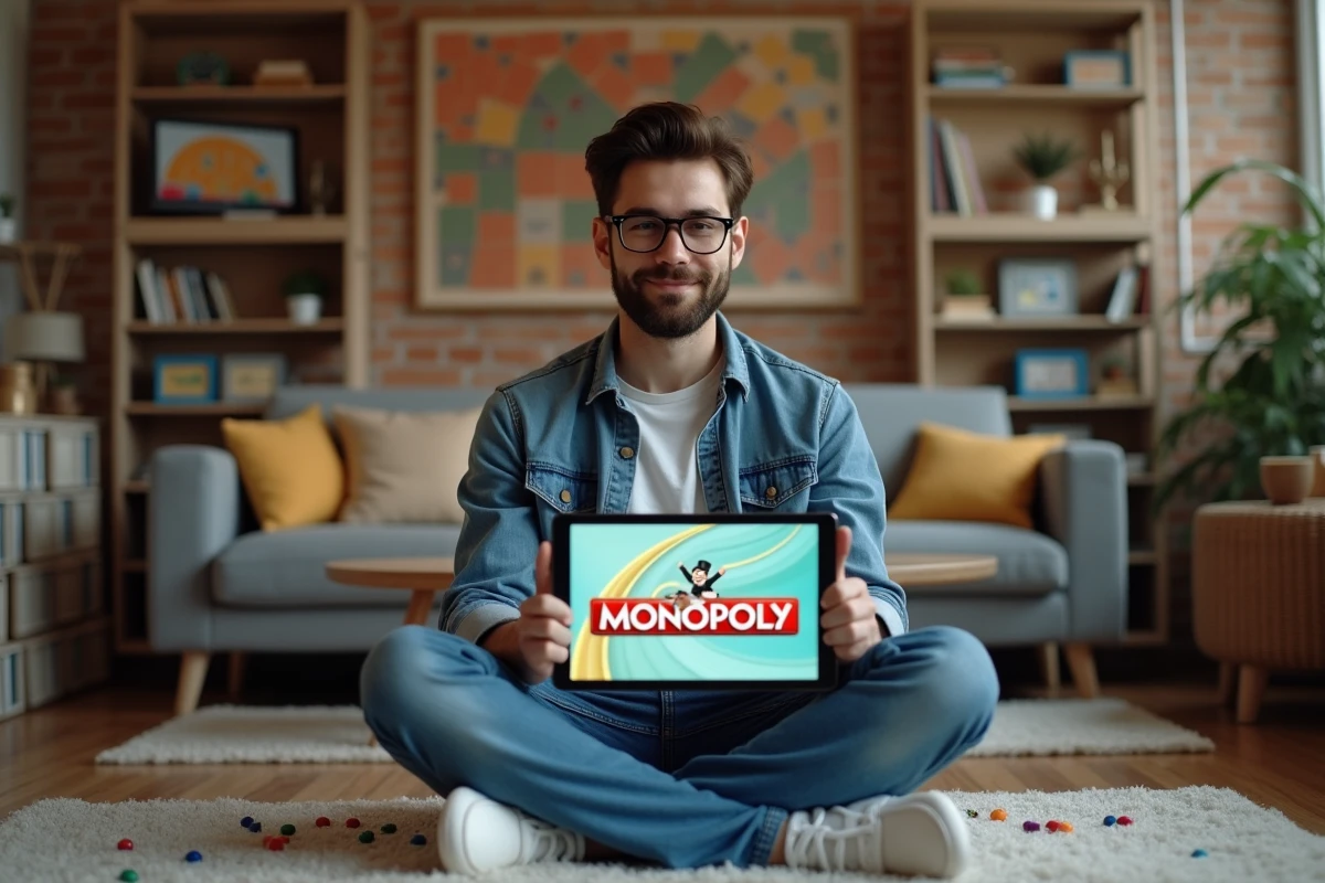 Jeune homme jouant à Monopoly GO sur sa tablette dans le salon