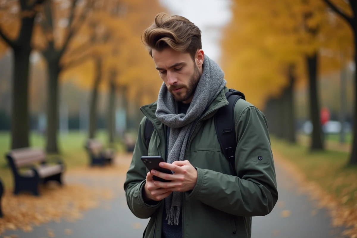 Jeune homme dans un parc regardant son téléphone 11h11