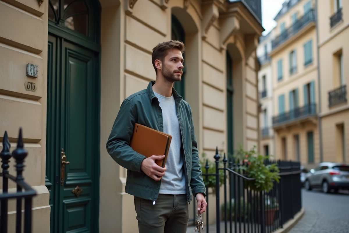 Jeune homme devant une maison française avec clés en main