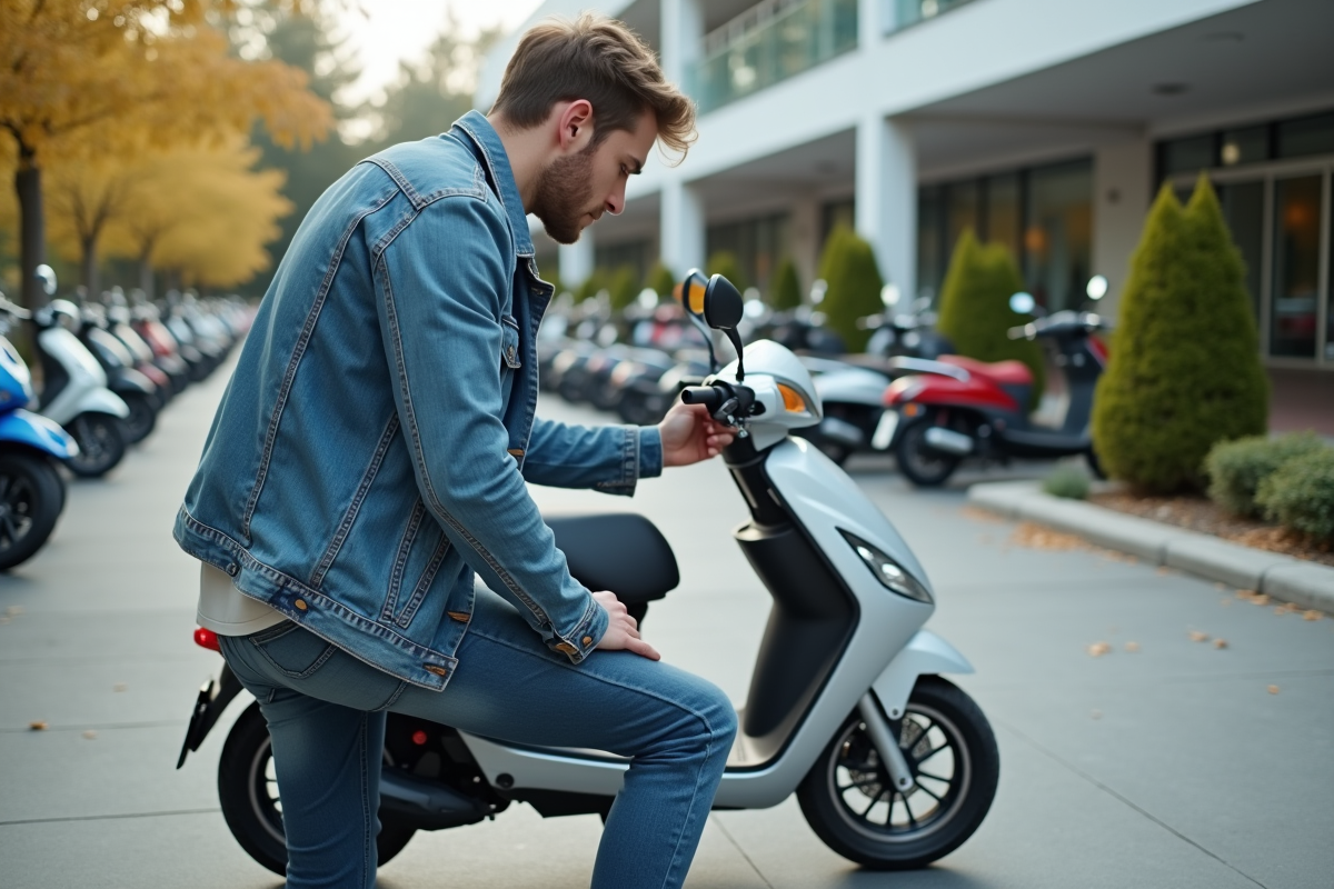 Jeune homme examine un scooter Skyteam neuf en extérieur