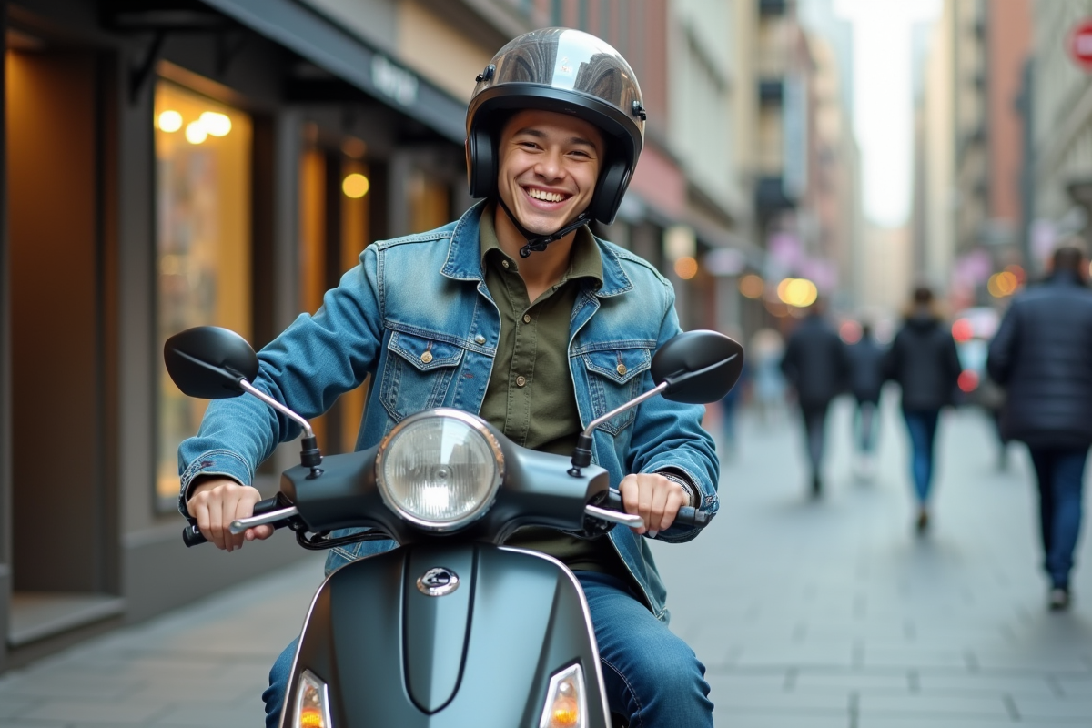 Jeune homme souriant avec scooter en ville moderne