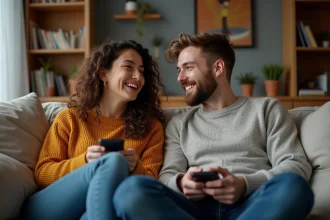 Deux jeunes adultes riant dans un salon chaleureux