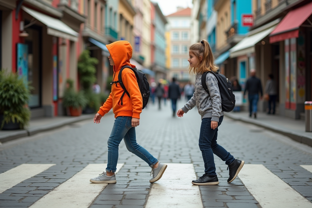 Deux adolescents traversant un passage piéton dans une place urbaine animée