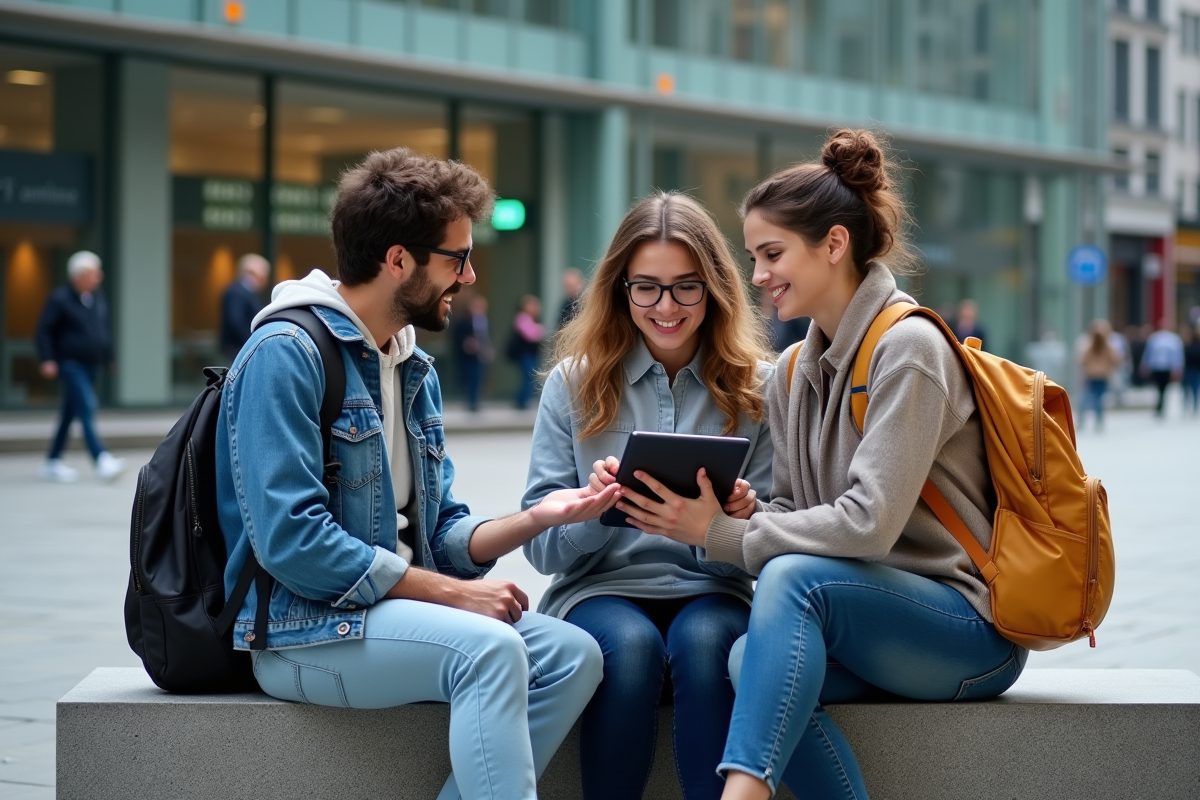 Groupe de jeunes discutant avec une tablette en milieu urbain