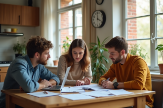 Trois jeunes adultes discutent de factures dans la cuisine