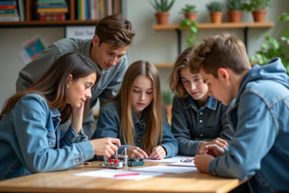Jeunes en groupe travaillant sur un projet scientifique en classe