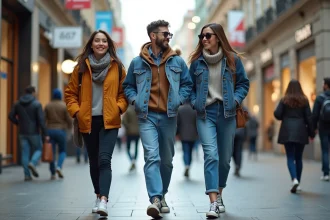 Groupe de jeunes adultes dans une rue commerçante urbaine