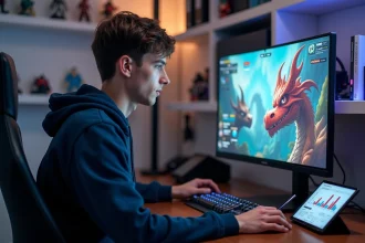 Joueur compétitif Pokémon analysant la méta dragon sur un écran gaming en 2026