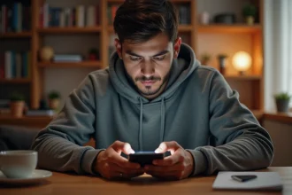 Joueur expert consultant son smartphone pour récupérer ses liens Coin Master quotidiens à son bureau