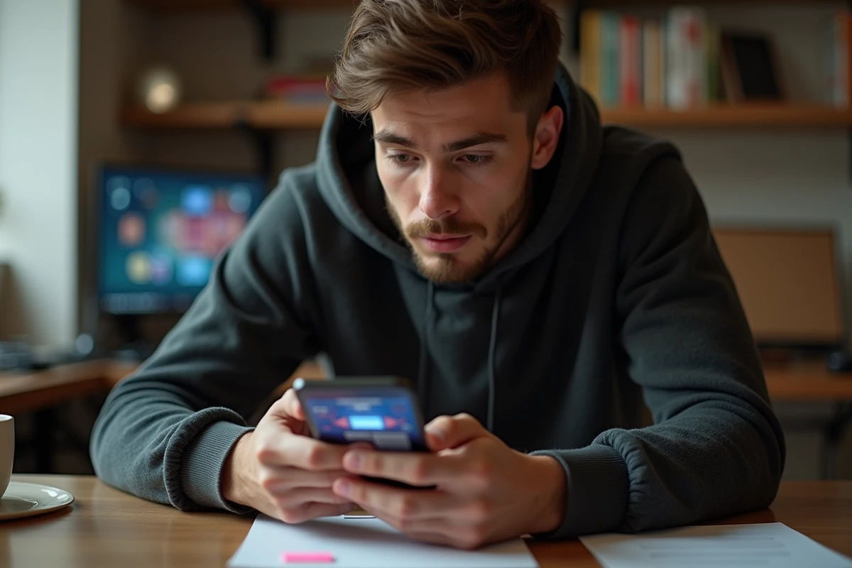 Jeune homme concentré jouant à un jeu mobile de casino sur smartphone avec interface de spins et bonus