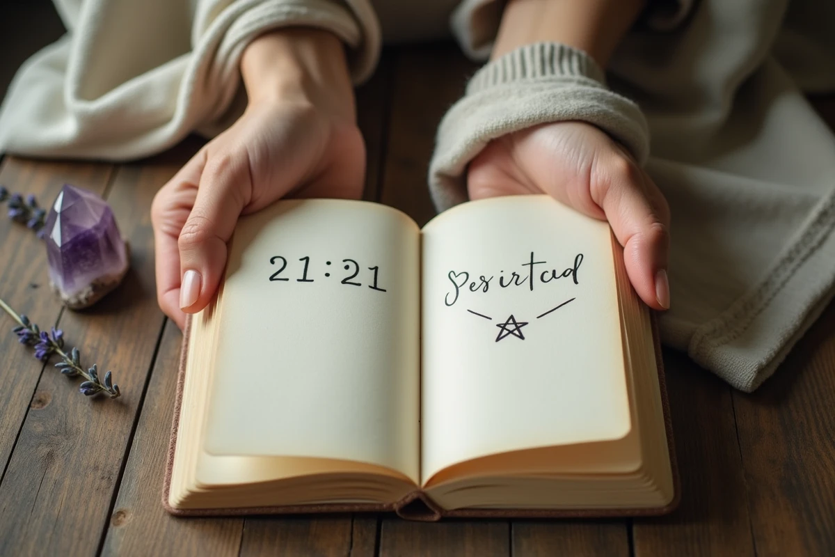Journal ouvert avec la notation 21h21 entourée de symboles spirituels, cristal et lavande évoquant la numérologie et l'heure miroir