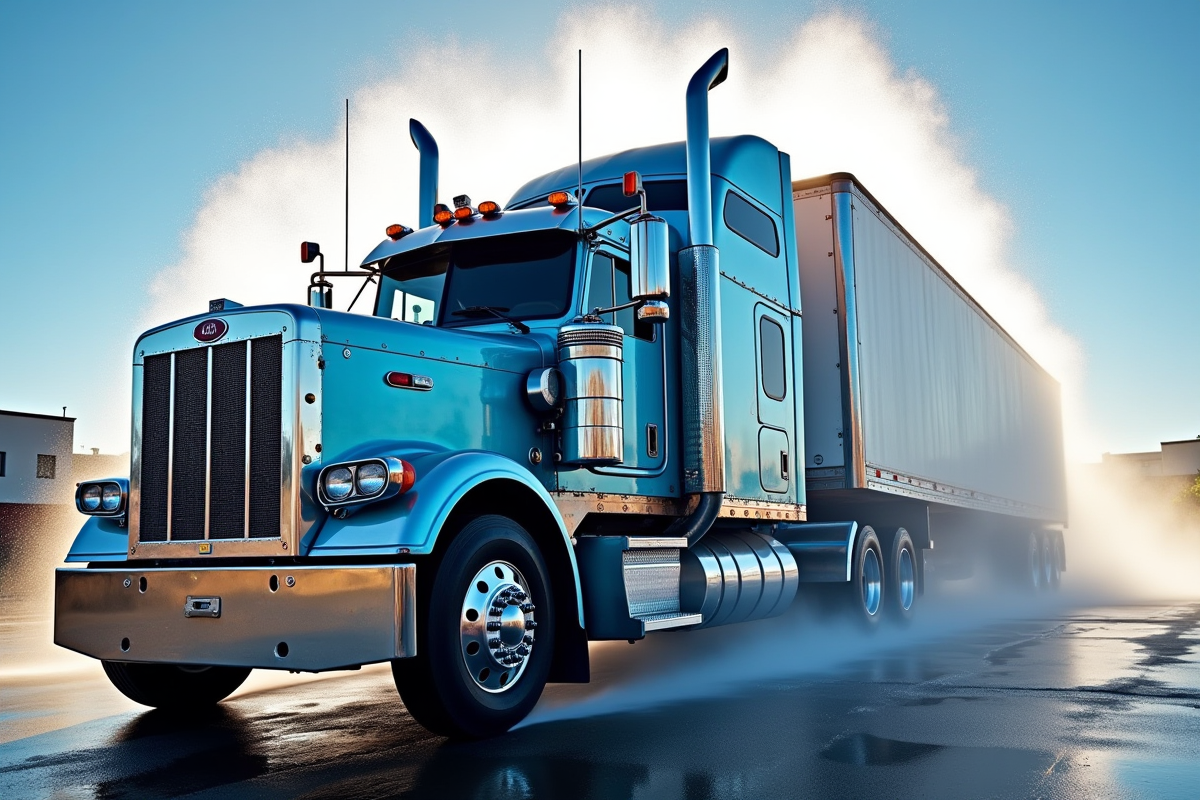 Camion de 38 tonnes en cours de lavage haute pression sous un ciel bleu
