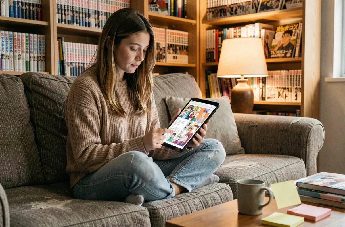 Jeune femme lisant des chapitres de manga sur tablette dans un salon cosy avec des étagères remplies de volumes manga