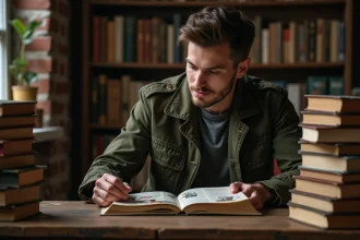 Jeune homme lisant un roman Warhammer 40K dans une bibliothèque encombrée de livres de science-fiction