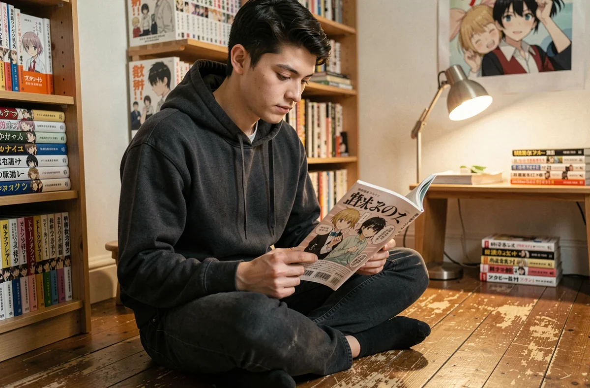 Jeune homme lisant un scan manga imprimé dans une chambre décorée de volumes de manga empilés