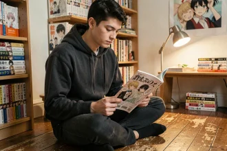 Jeune homme lisant un scan manga imprimé dans une chambre décorée de volumes de manga empilés