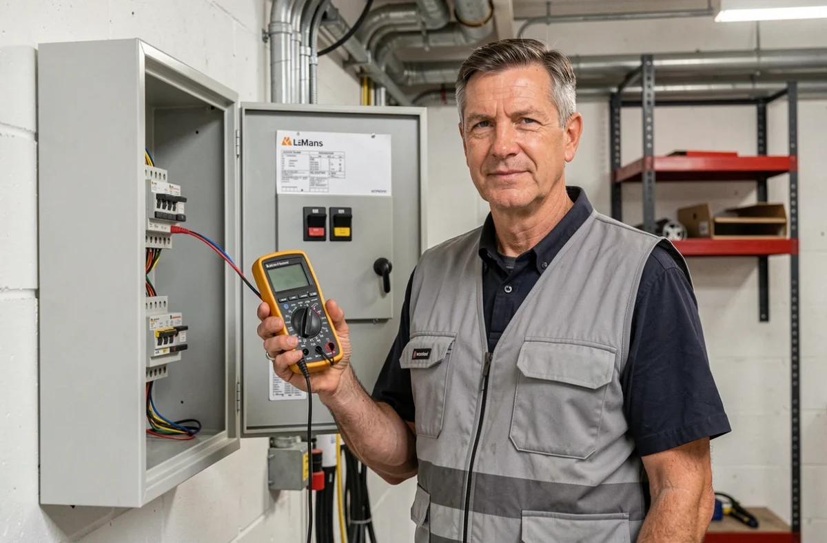 Électricien et chauffagiste du Mans vérifiant un tableau de commande électrique et un système de chauffage