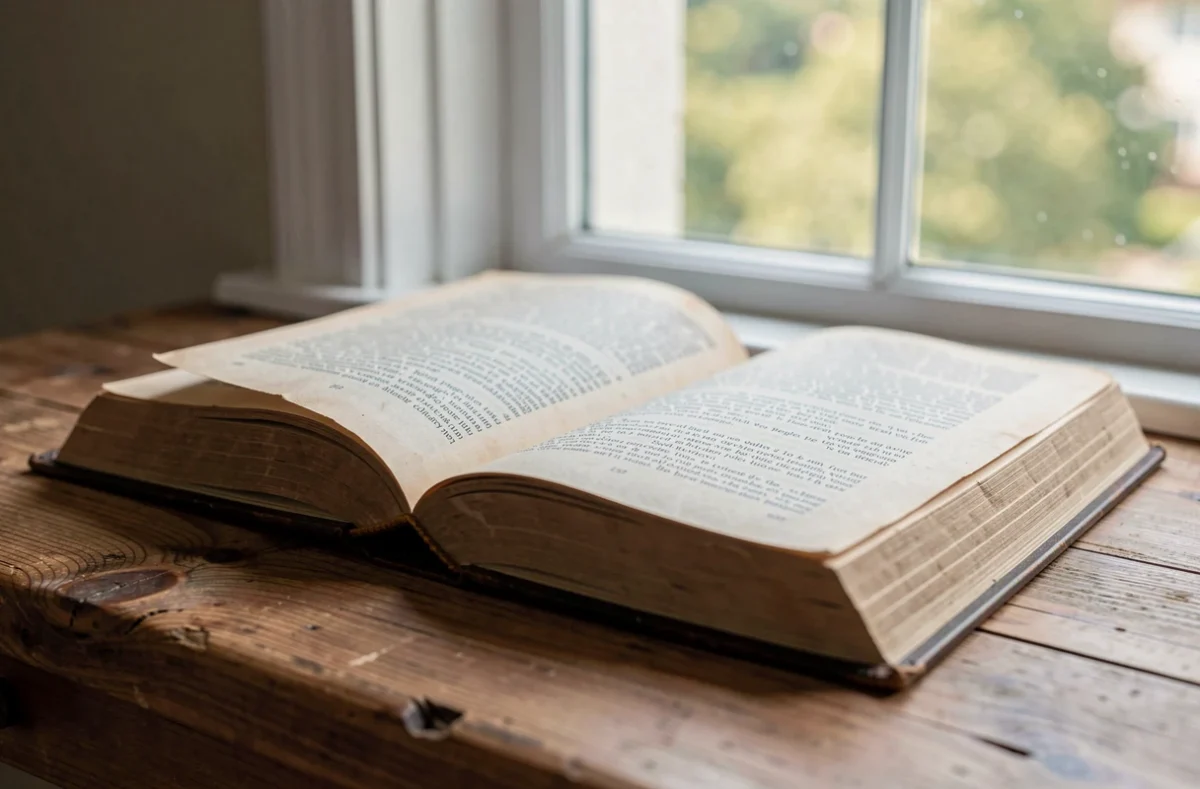 Livre ouvert sur une table près d'une fenêtre