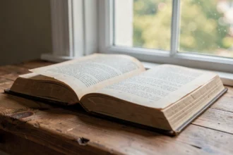 Livre ouvert sur une table près d'une fenêtre