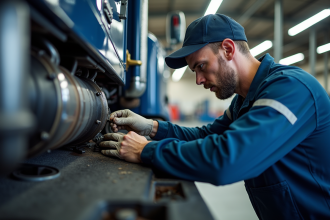 Mécanicien professionnel en uniforme effectuant la maintenance d'un camion de 38 tonnes