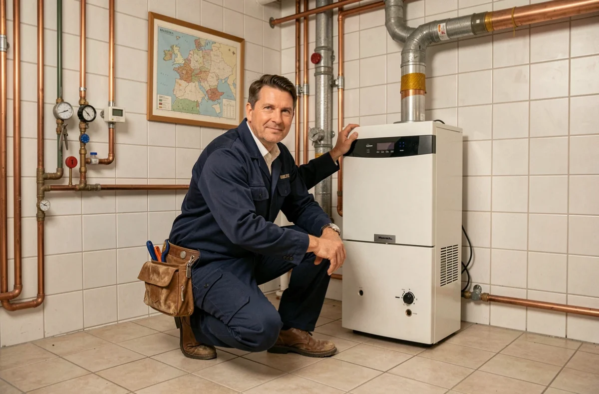 Un chauffagiste professionnel inspecte une chaudière murale dans une chaufferie bien équipée en Pays de la Loire