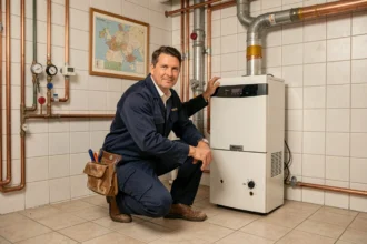 Un chauffagiste professionnel inspecte une chaudière murale dans une chaufferie bien équipée en Pays de la Loire