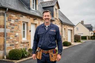 Électricien professionnel devant une maison bretonne en Ille-et-Vilaine, représentant les meilleurs électriciens de la région