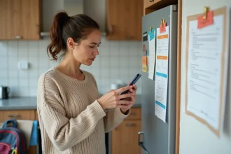 Mère de famille inquiète consultant son téléphone devant un calendrier scolaire lors d'une grève des enseignants