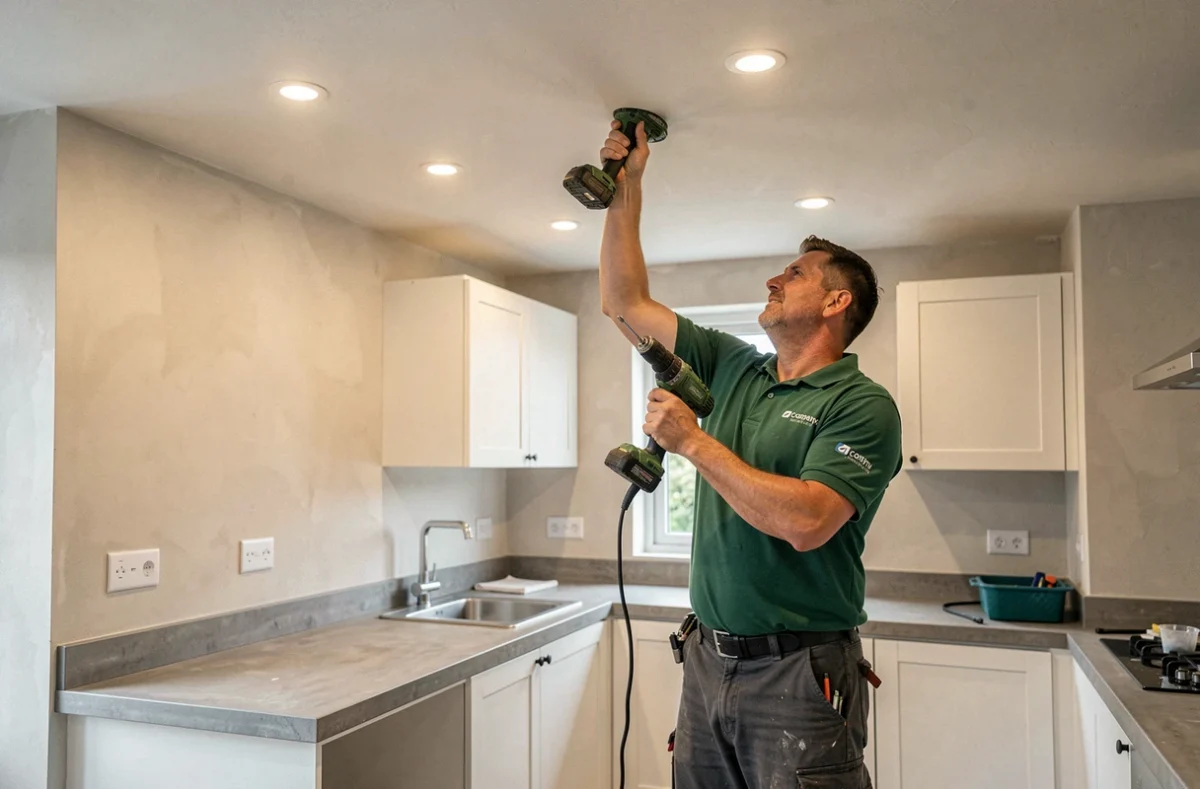 Technicien de NG Elect installant des spots LED encastrés dans une cuisine moderne rénovée