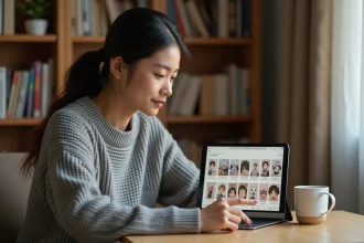 Jeune femme organisant sa bibliothèque numérique manga sur tablette dans un bureau cosy