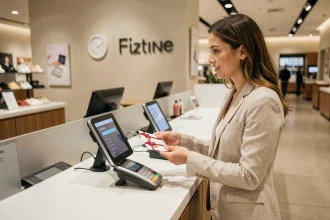 Femme utilisant plusieurs chèques cadeaux Infini à la caisse d'une grande enseigne pour payer en plusieurs fois