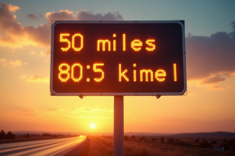 Panneau routier au lever du soleil avec 50 miles et 80,5 km