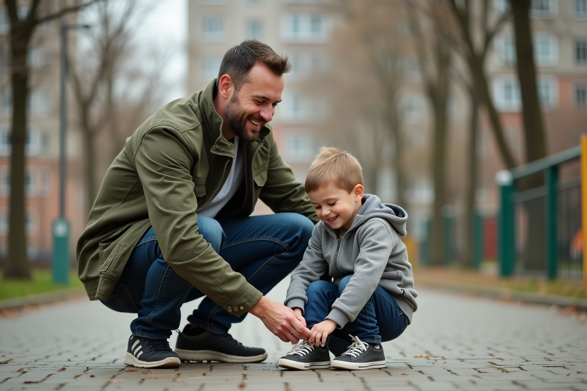 Père aidant son enfant à l
