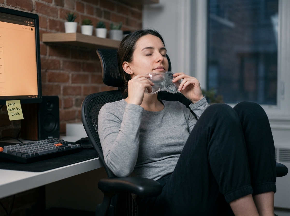 Jeune femme blogueuse faisant une pause yeux fermés avec un masque froid pour reposer sa vue lors d'une longue session d'écriture nocturne