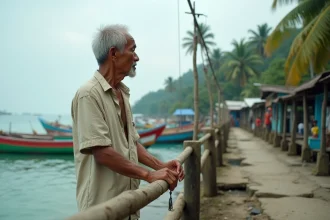 Pêcheur thaïlandais âgé debout sur une jetée reconstruite de Phuket, regard mélancolique vers la mer d'Andaman après le tsunami de 2004