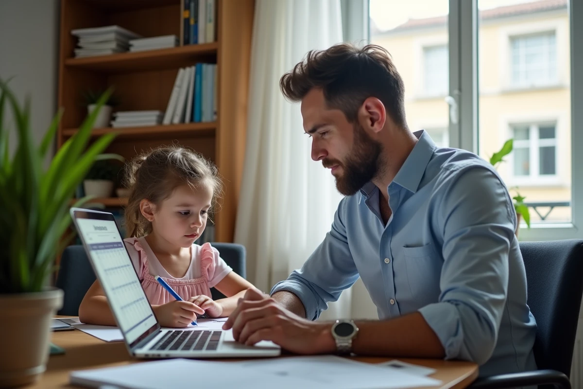 Père en télétravail gardant sa fille à la maison pendant une journée de grève scolaire