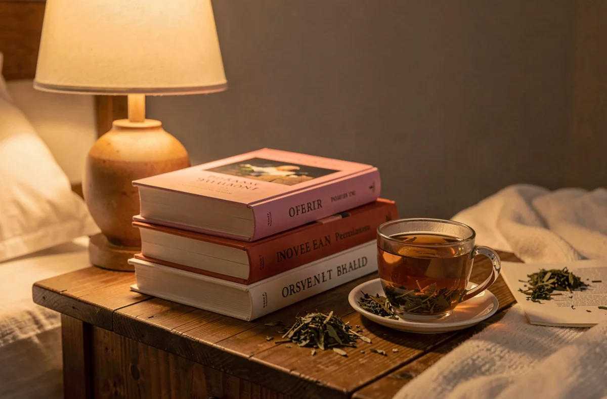 Pile de livres et tasse de tisane sur une table de chevet