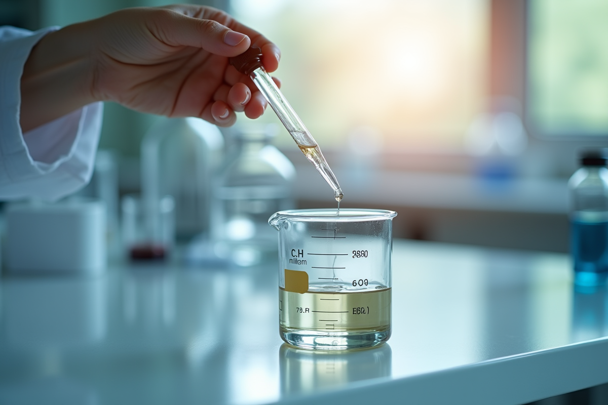 Main tenant une pipette vers un bécher en laboratoire