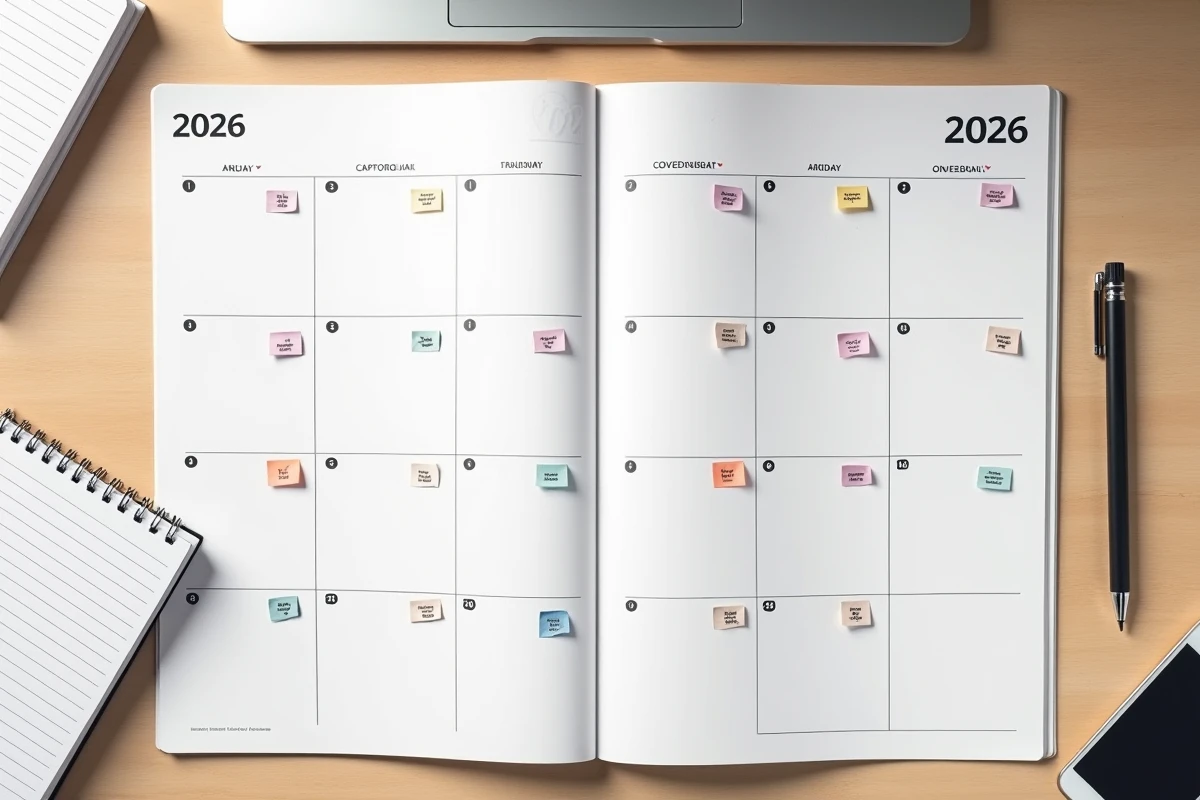 Vue de dessus d'un bureau avec planning annuel 2026 et semaines impaires marquées par des onglets colorés