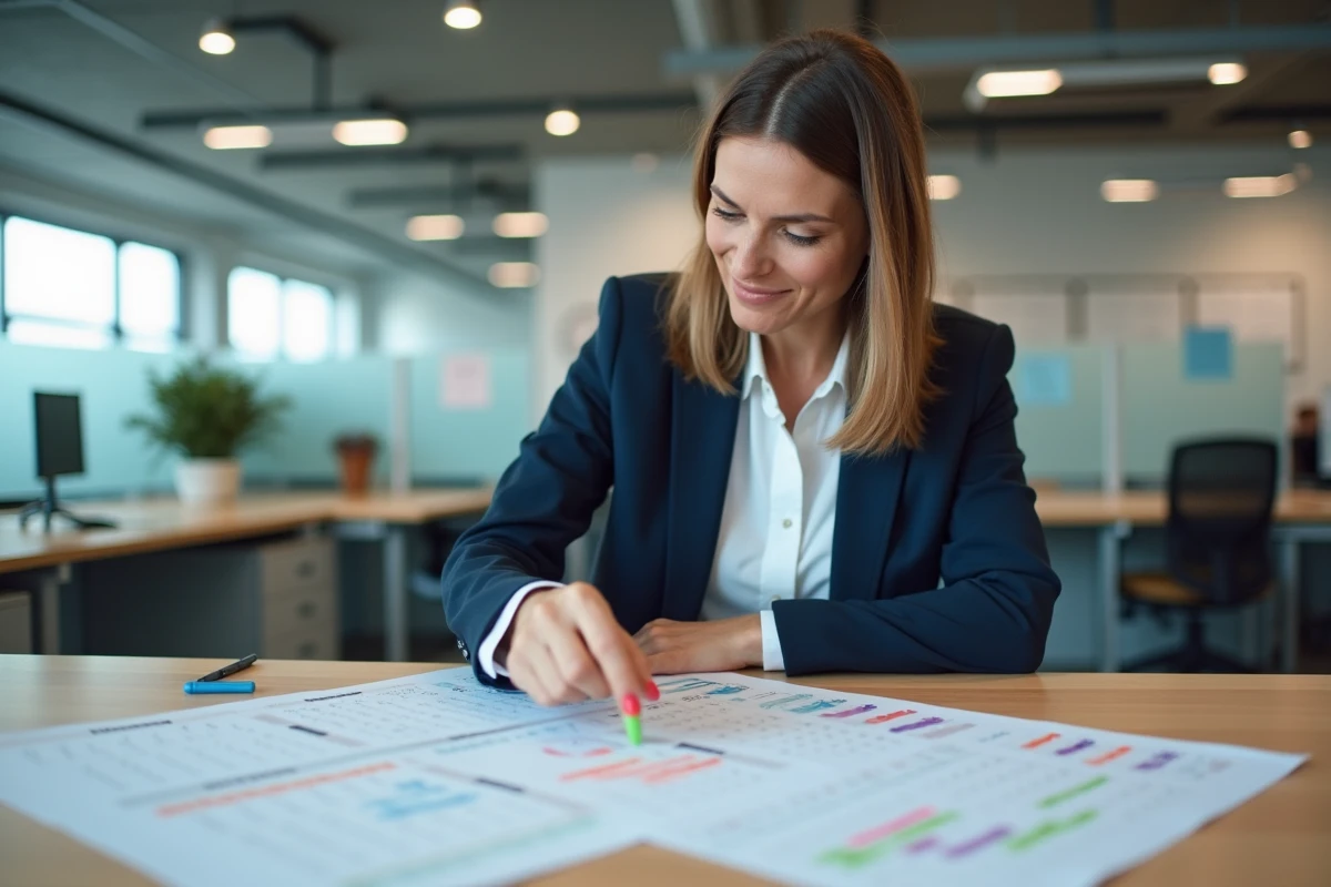 Femme d'affaires consultant un planning annuel avec numéros de semaines impaires dans un bureau moderne