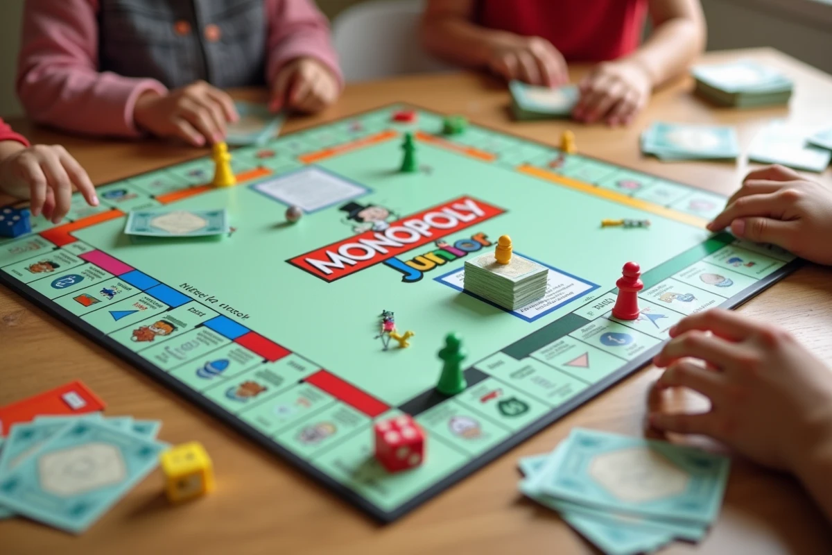 Vue en plongée du plateau de jeu Monopoly Junior avec billets, pions et cartes pendant une partie