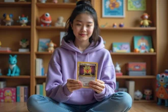 Jeune femme tenant une carte Pokémon de type Psy dans une salle de jeux décorée de figurines et d'affiches Pokémon