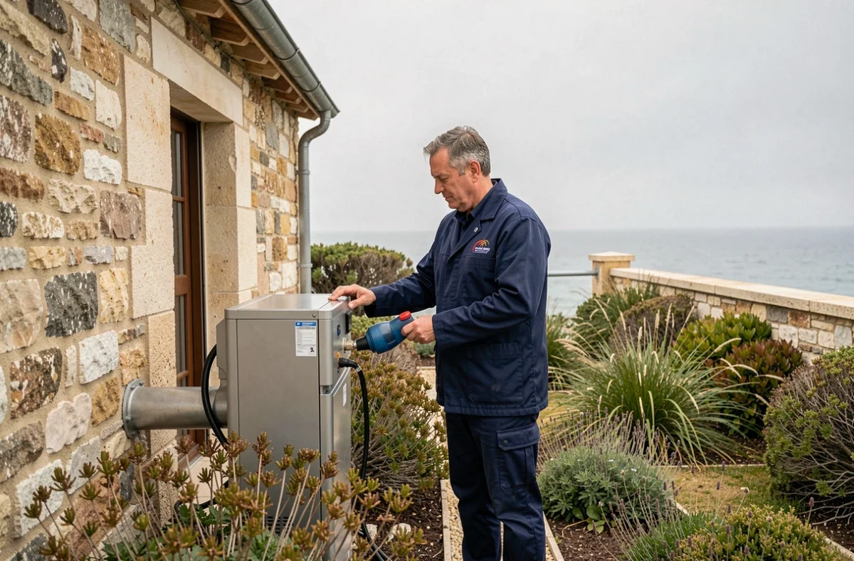 Chauffagiste sur la Côte de Jade inspectant une pompe à chaleur extérieure près d'une maison en pierre à Pornic