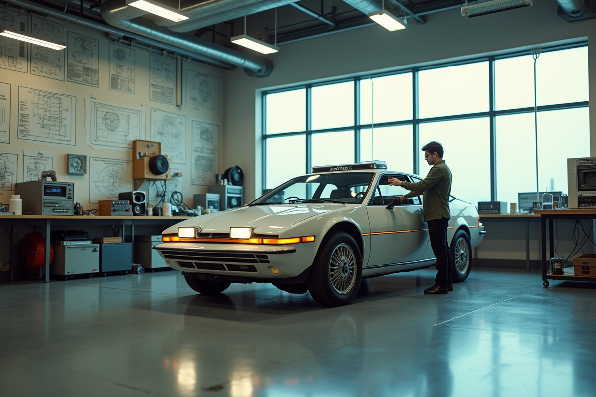 Prototype de voiture autonome des annees 80 dans un laboratoire