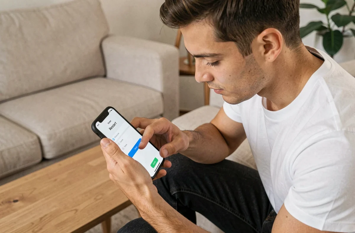 Jeune homme réinitialisant son mot de passe sur smartphone pour résoudre un problème de connexion