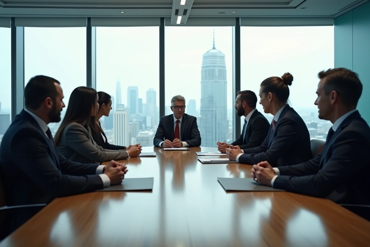 Groupe de cadres immobiliers en réunion dans un bureau moderne