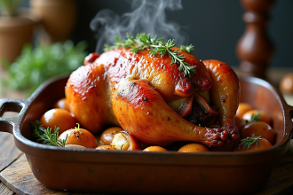 Rôti de porc confit doré sorti du four avec oignons et thym