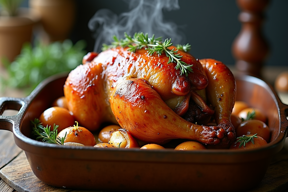 Rôti de porc confit doré sorti du four avec oignons et thym