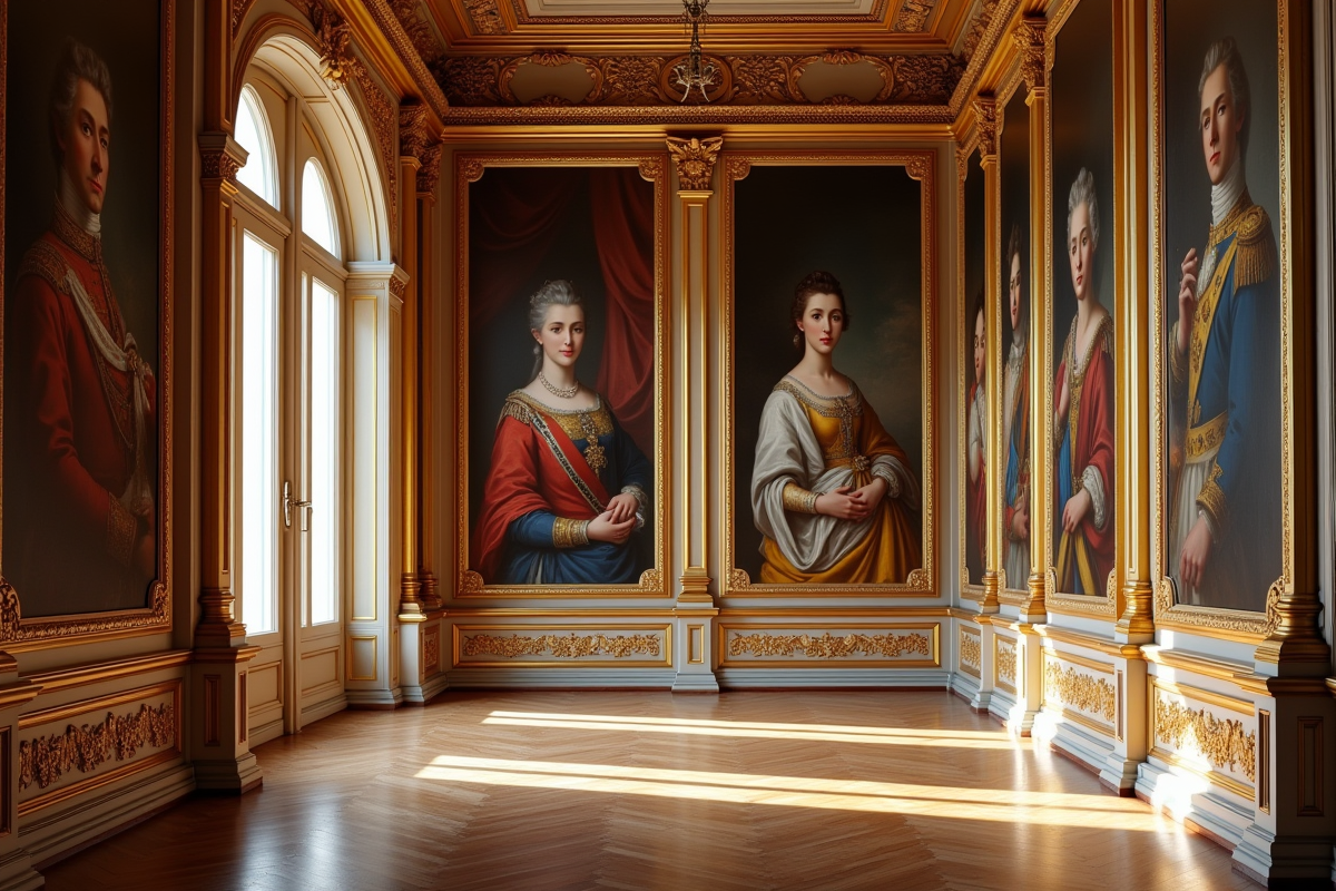 Salle richement décorée dans un château français avec portraits royaux